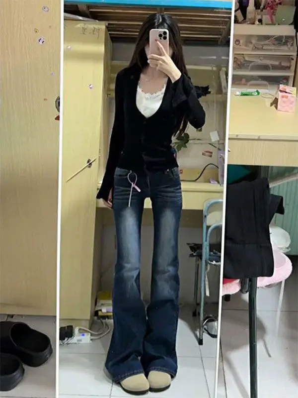 

Джинсовые джинсы-колокольчики с низкой талией, женские облегающие длинные брюки с заниженной талией, темно-синие повседневные расклешенные зауженные леггинсы