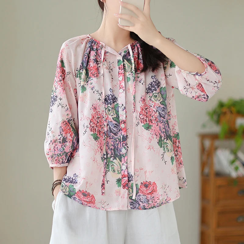 

Vintage Floral Printed Cotton Linen Shirts Blouses Women Spring Summer 3/4 Sleeve Tie-Neck Casual Loose Boho Style Pink Blue Top