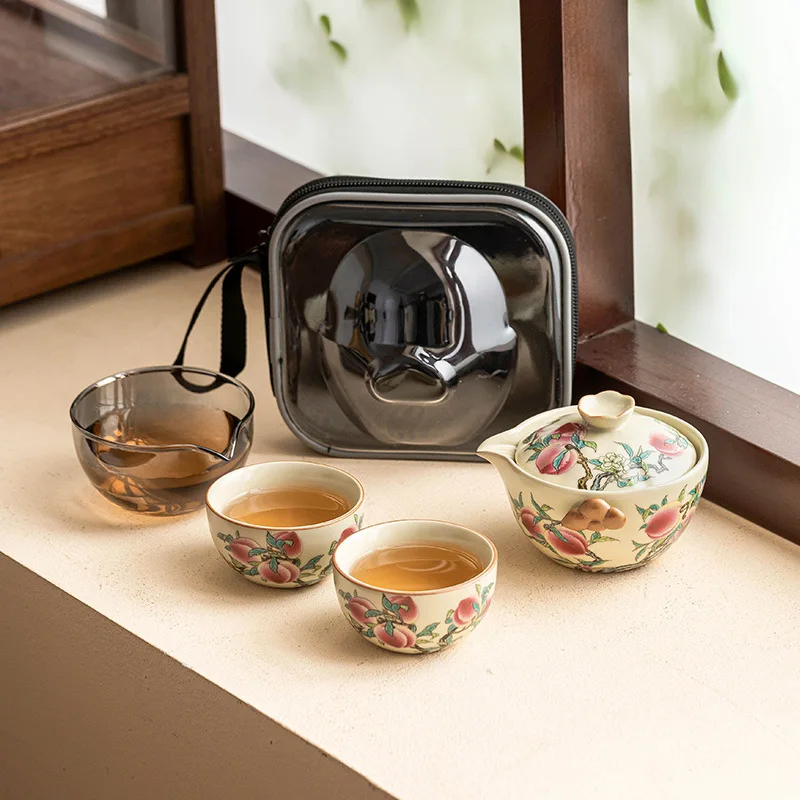 

Портативный чайный набор Kuaike: один чайник и три чашки, керамика Ru Kiln, пастельные тона, девять персиков, для путешествий, китайский чайный набор Кунг-фу