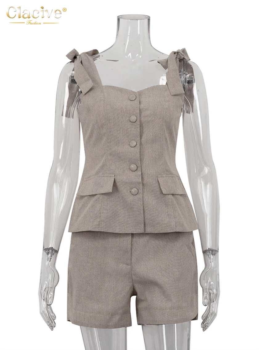 Clacive Summer Slim Khaki Cotton Women\'s Two Pieces Set 2025 Fashion Sleeveless Tank Top With High Waist Shorts Set Female