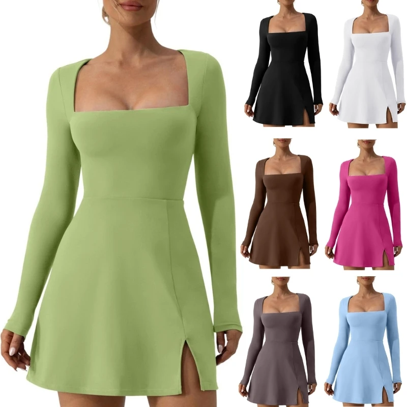 

Fashionable Square Neck Mini Dress Long Sleeves Solid Color Fit Dress Side Slit for Women Dropship