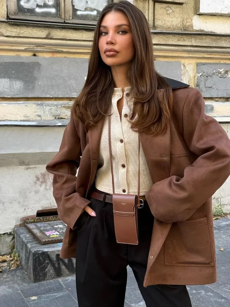 المرأة التلبيب سترة قصيرة من جلد الغزال 2025 الخريف جيب غير رسمي واحدة الصدر معطف سيدة الخريف اليومية التنقل شارع العليا ملابس خارجية