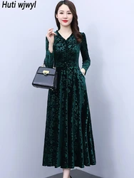 2024 Autumn Winter Velvet Thick Warm Midi Dress Long Sleeve Chic Prom Luxury Dress Women Vintage Elegant Bodycon Pary Maxi Dress