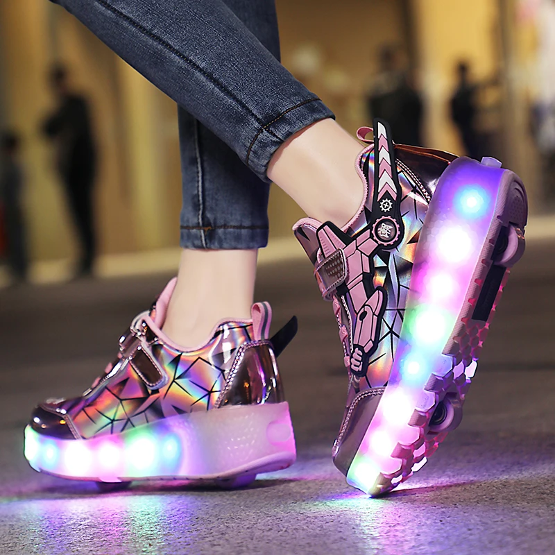 High Quality Skate Shoes for Kids Fashion LED Light Luminous Sneakers Children Two Wheels Shoes for Boys Girls with USB Charging