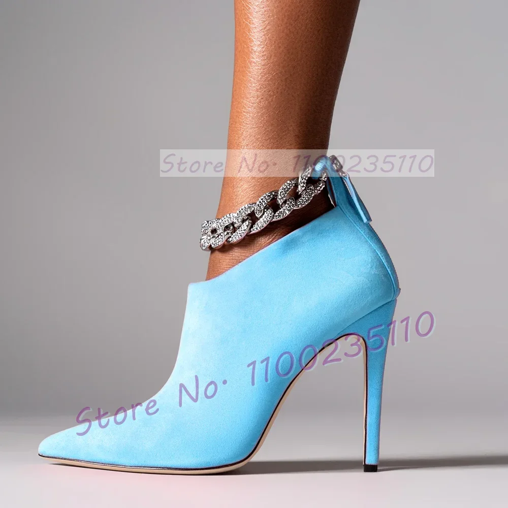 Pink Suede Crystal Chain Booties Women Trends Pointy Toe Metal Anklet Party Shoes Female Patchwork Back Zipper High Heels Boots view 6