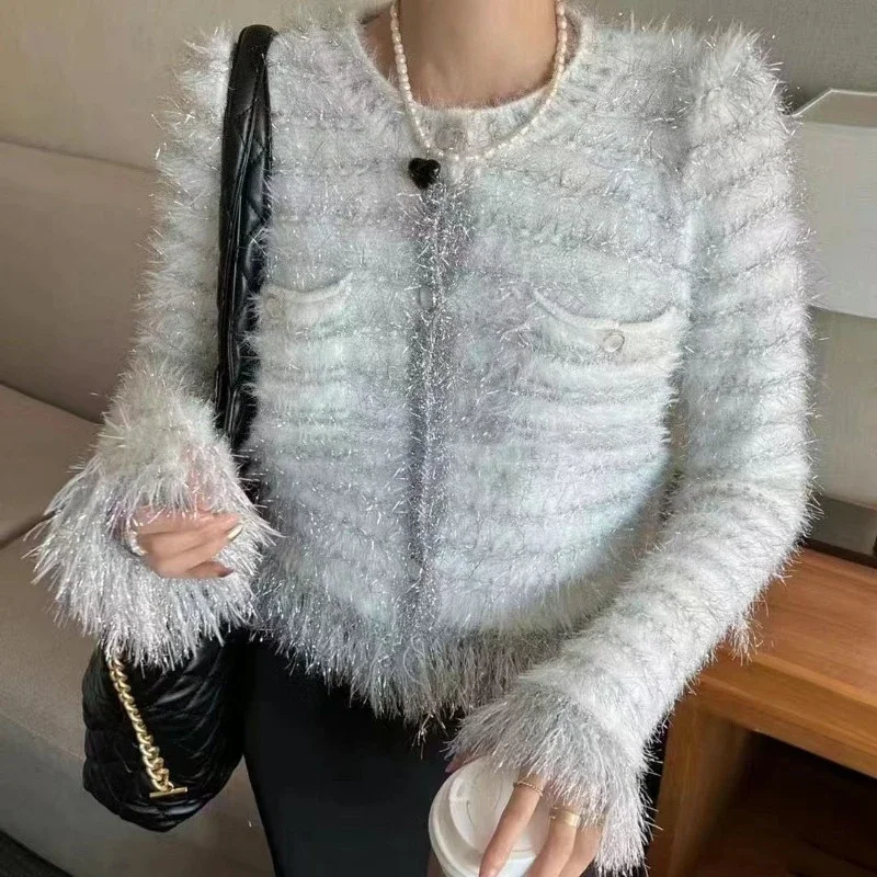 

Стильный женский вязаный кардиган с нечеткими бахромой — сверкающий короткий свитер с круглым вырезом Верхняя одежда премиум-класса для повседневной носки