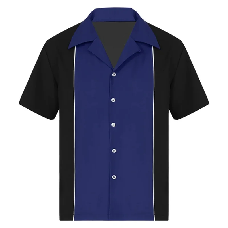 Selling new men\'s bowling shirt Retro short sleeve button casual 50t color block striped notch collar shirt 5XL