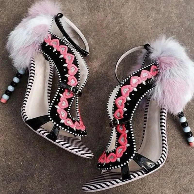 Stylish Red purple Rabbit Fur Beads High Heels Sandals Cutout Colorblock Heart Embrodiery Stripe Printed Peep Toe Sandal Shoes