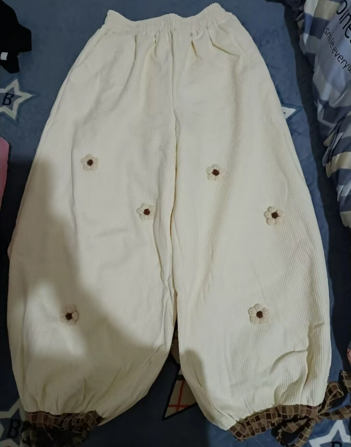 Estilo japonês doce flor veludo calças de perna larga mulheres soltas vintage bonito calças meninas harajuku moletom