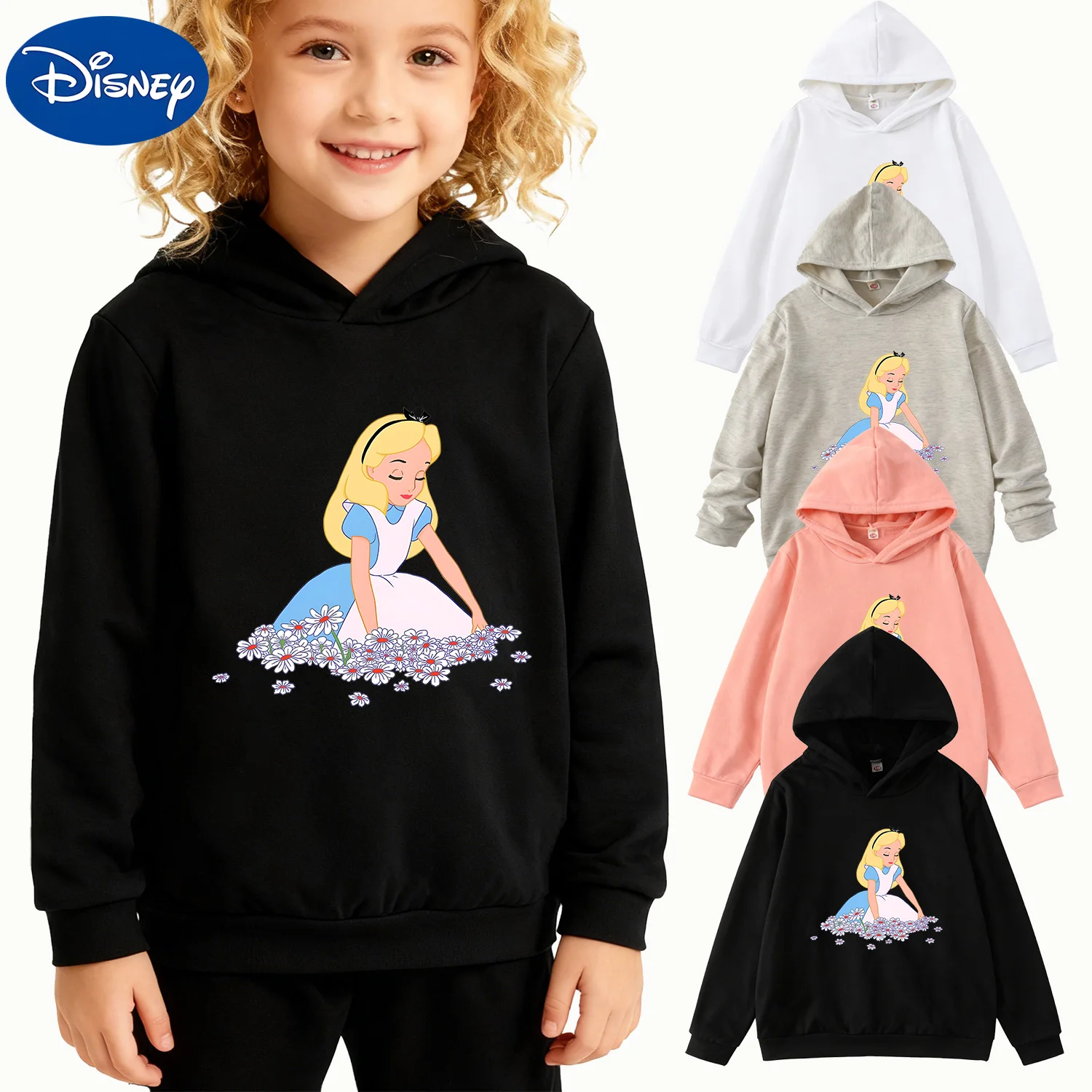 

Детская толстовка с рисунком «Алиса в стране чудес» Disney с цветочным рисунком, черный пуловер с длинными рукавами