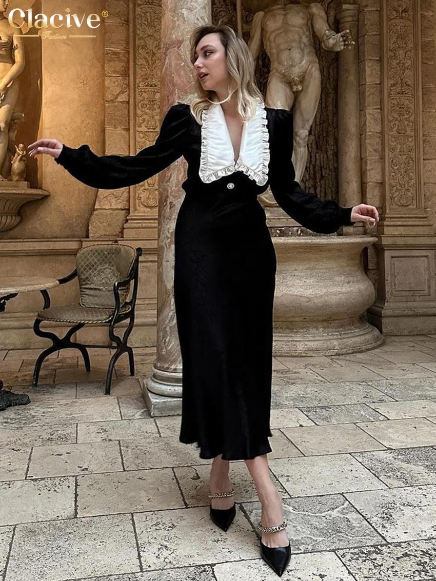 Clacive Fashion Black Velvet Women\'S Dress Elegant Lapel Long Sleeve Ankle Length Dresses Casual Classic Patchwork Female Dress