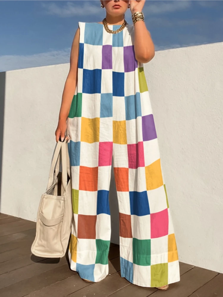

Women Multicolour Plaid Wide Leg Jumpsuits 2025 New Summer Sleeveless Oversize Loose Casual Jump Suits Streetwear Plus Size