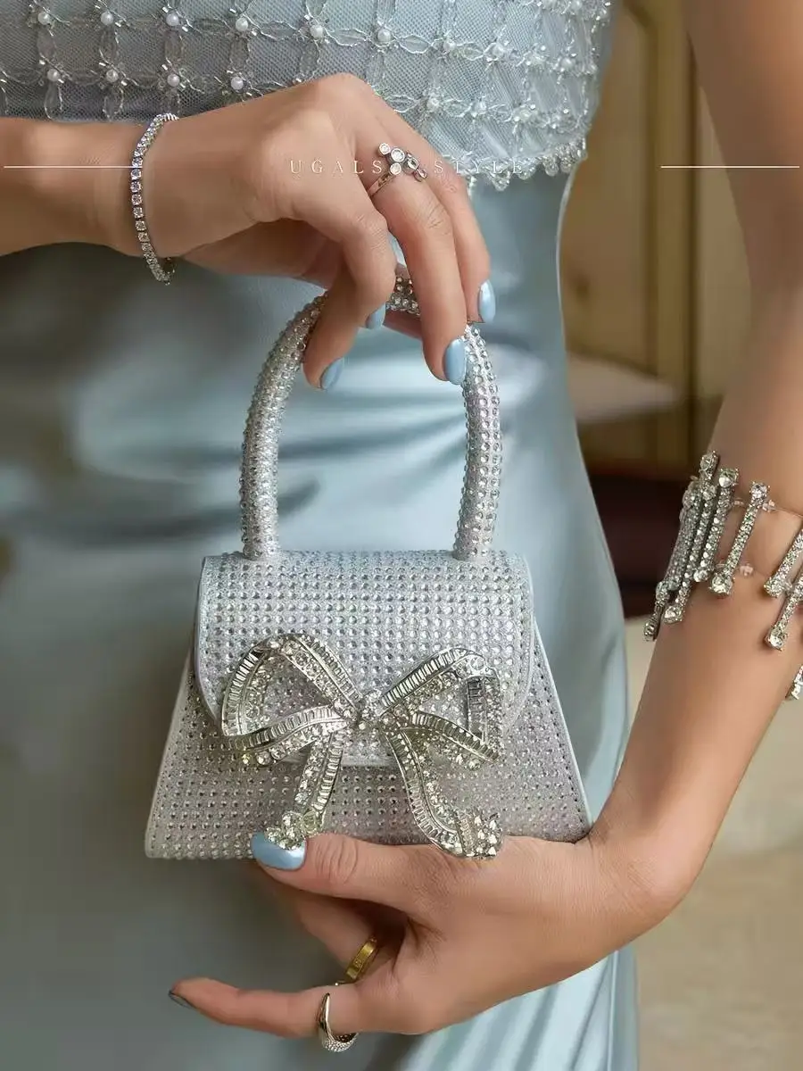 Luxury Glitter Metal Bow Knot Women Handbag Crystal Diamond Evening Bag Wedding Party Banquet Clutch Purse Female Shoulder Bag