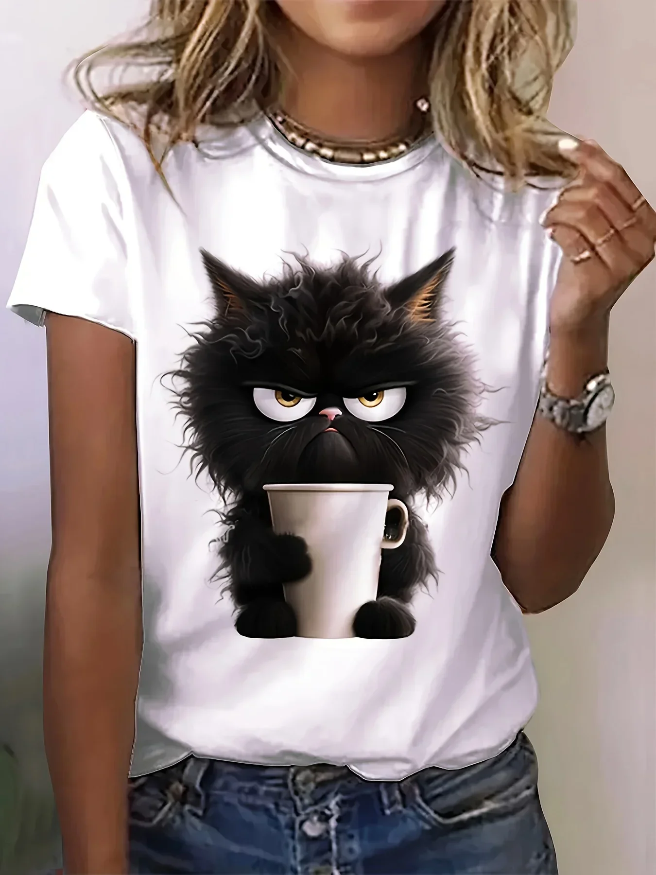 

Funny Black Cat Print T-Shirt Women Clothes 2024 White Casual Tshirt Femme Harajuku Shirt Summer Fashon T Shirt Female