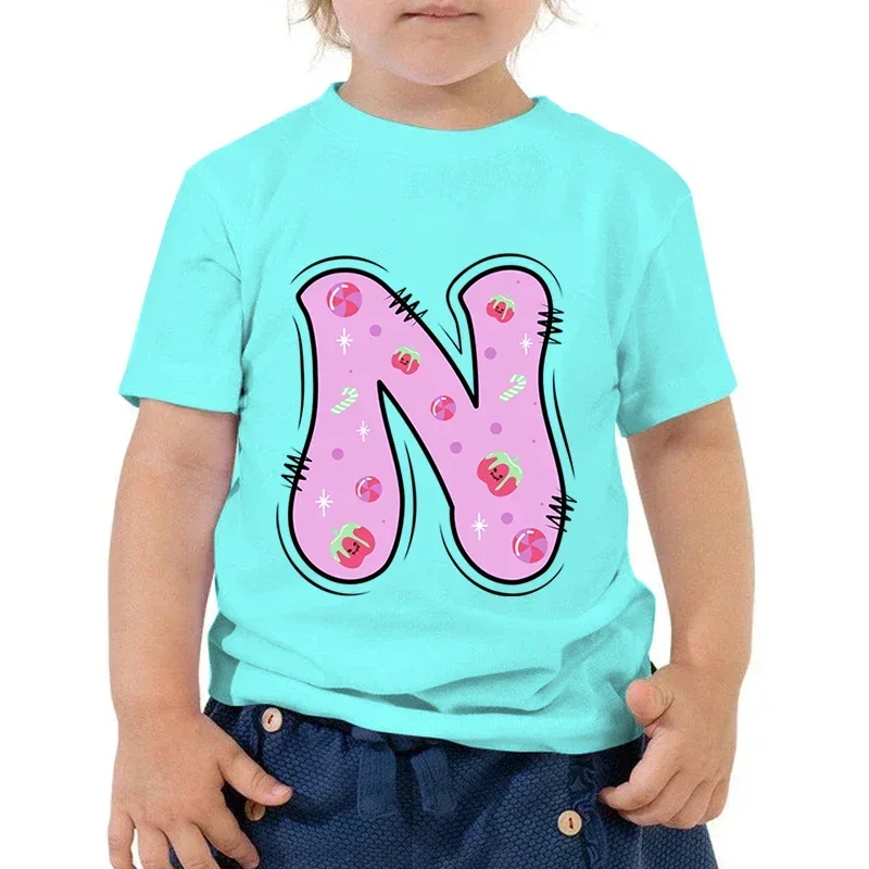 

Kids Cartoon Letter Tshirt Tomatoes Candy Print 26 Alphabet A-Z T Shirt Fashion Funny Y2K Tops Tee Boy Girl Short Sleeve T-shirt