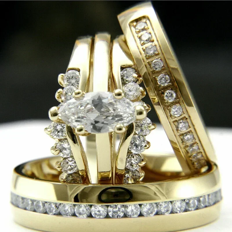 New 3-piece Fashion and Elegant Diamond Ring Set with Silver/Gold Plating, Suitable for Women's Wedding  Crystal Setting