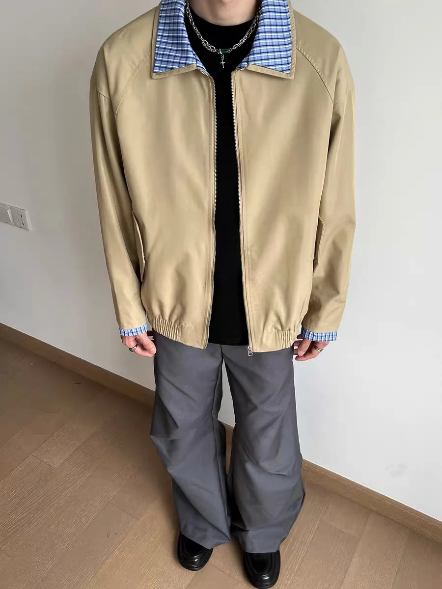 

Cleanfit клетчатый воротник, свободный повседневный мужской тюнет, осенний универсальный дизайн, цвет с застежкой-молнией Long Sve