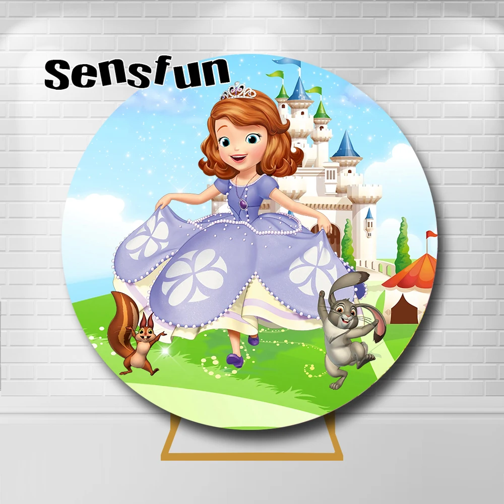 

Princess Sofia Round Backdrop Cover Castle Bunny Little Girls Baby Shower Happy Birthday Party Circle Background Elastic