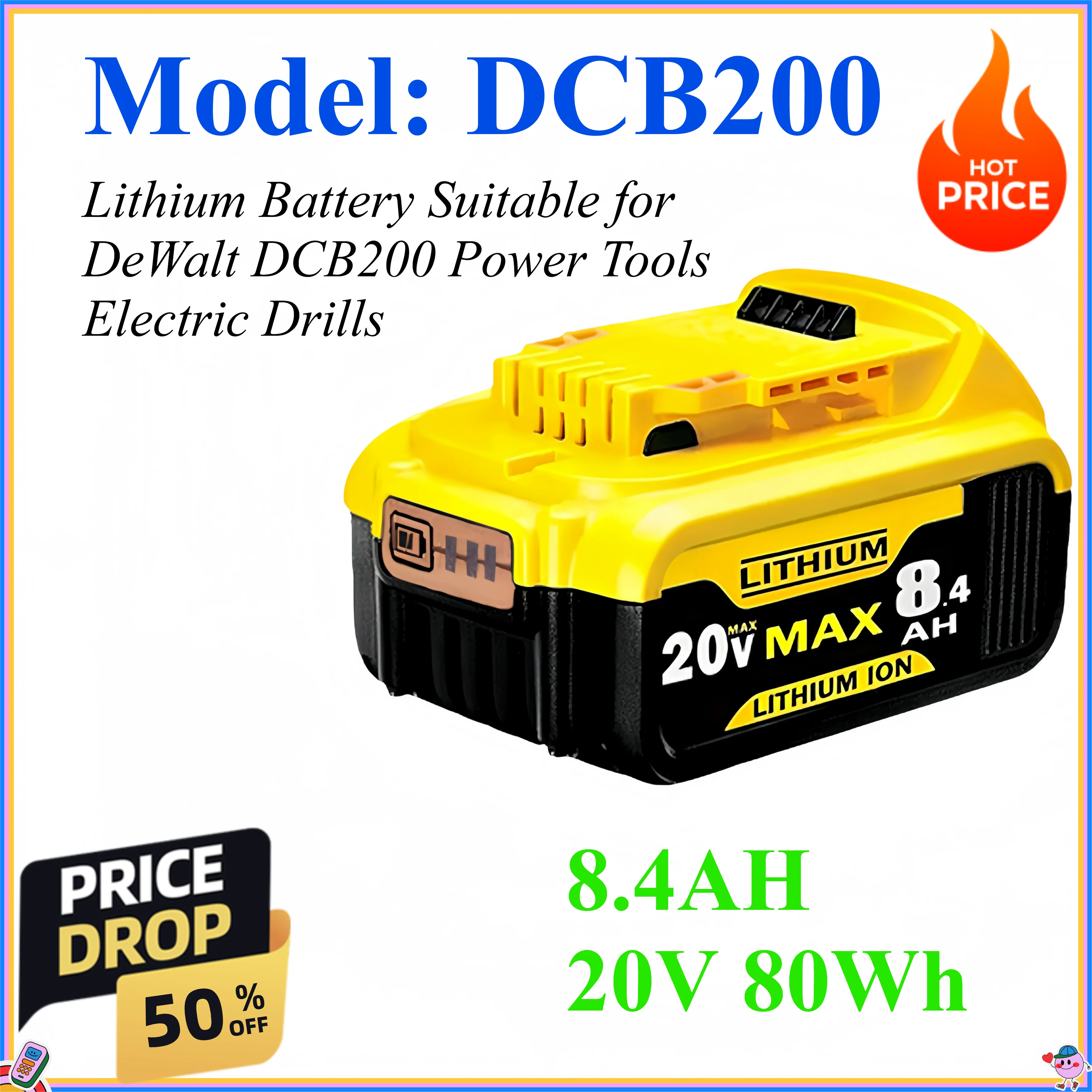 

8.4AH Lithium Battery Compatible with DeWalt 18/20V Suitable for DeWalt DCB200 Power Tools Electric Drills