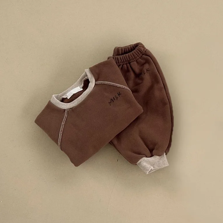 Conjunto de moletom de veludo grosso de bebê e menina, pulôver infantil, tops e calças, roupas quentes para criança, novo, inverno, 2 peças