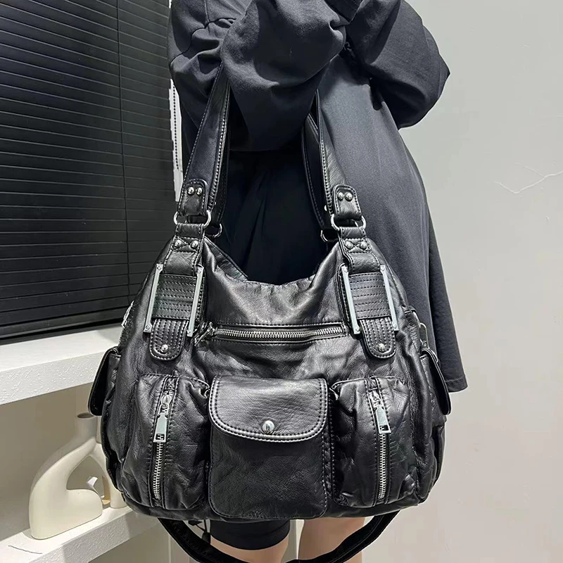 Bolsa tote coreana com vários bolsos, bolsa de ombro crossbody feminina estilo motociclista y2k, bolsa japonesa lavada de baddie, preta