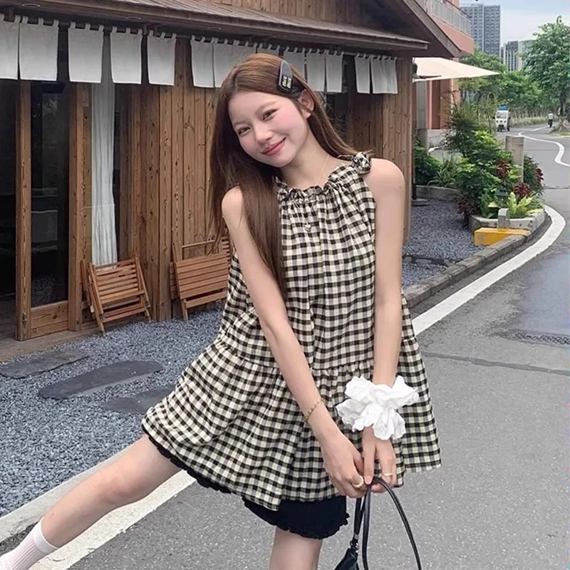 

Maternity Suit Summer Plaid Design Sense Round Neck Sleeveless Thin Top Summer New Shorts Women's Casual Two Piece Set