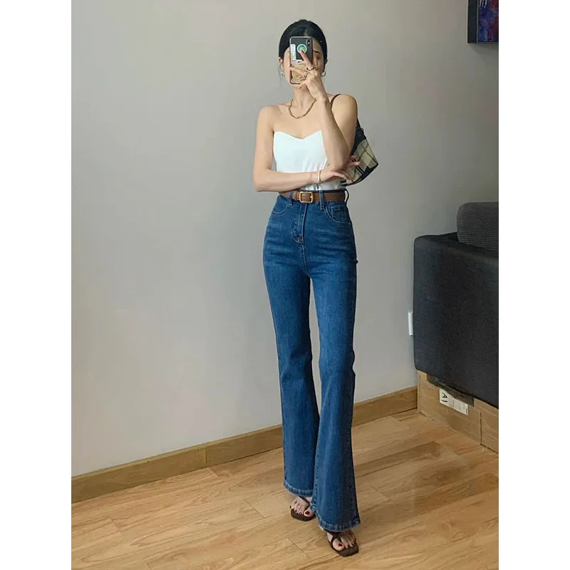 

High Waist Flared Jeans Women's Stretch Slim Fit Deep Blue Long Trousers Fashionable Ins Style High Rise Denim Pants