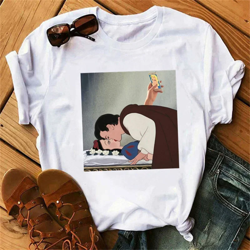 Funny Snow White Print Women T-shirt Cartoon Spoof Sleeping Short Sleeve T Shirt Tops Harajuku Summer Streetwear Clothing Tee