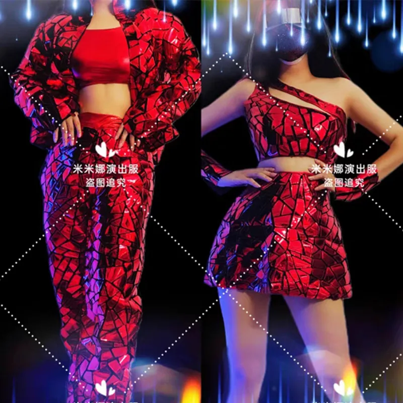 

Женский костюм для бара, ночного клуба Gogo Dancer Groups, красный, серебристый, куртка с лазерным зеркалом, брюки, танцевальный наряд для дня рождения