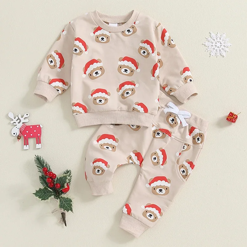 

Toddler Kids Boys Christmas Clothing Outfits Santa Hat Bear Print Long Sleeve Sweatshirts Long Pants Xmas Casual Outfits