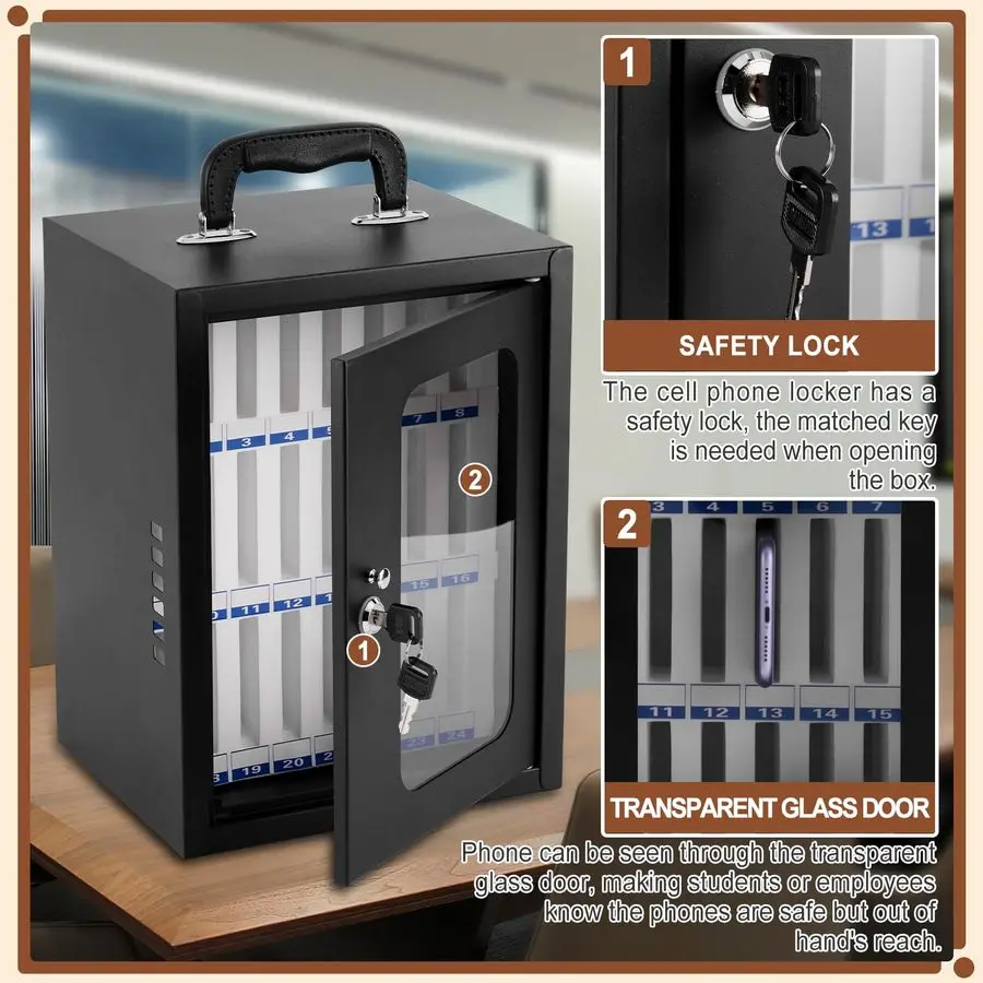 صندوق خزانة الهاتف، خزانة تخزين الهاتف الخليوي الفولاذية السميكة 24 فتحة صندوق قفل الهاتف الخليوي المثبت على الحائط للمدرسة والشركة