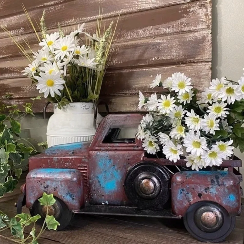 Resin Farmhouse Truck Decor Small Size 6.3x3.5x3.1in Tabletop Decoration Decorative Storage Blue Flower Arrangement Office Shelf