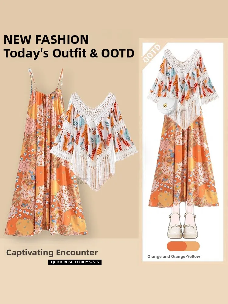 

Dopne Summer Этнический женский комплект, новинка 2025, накидка с цветочным принтом и ремешком V Ne ort Sve, комплект из двух предметов, моющийся