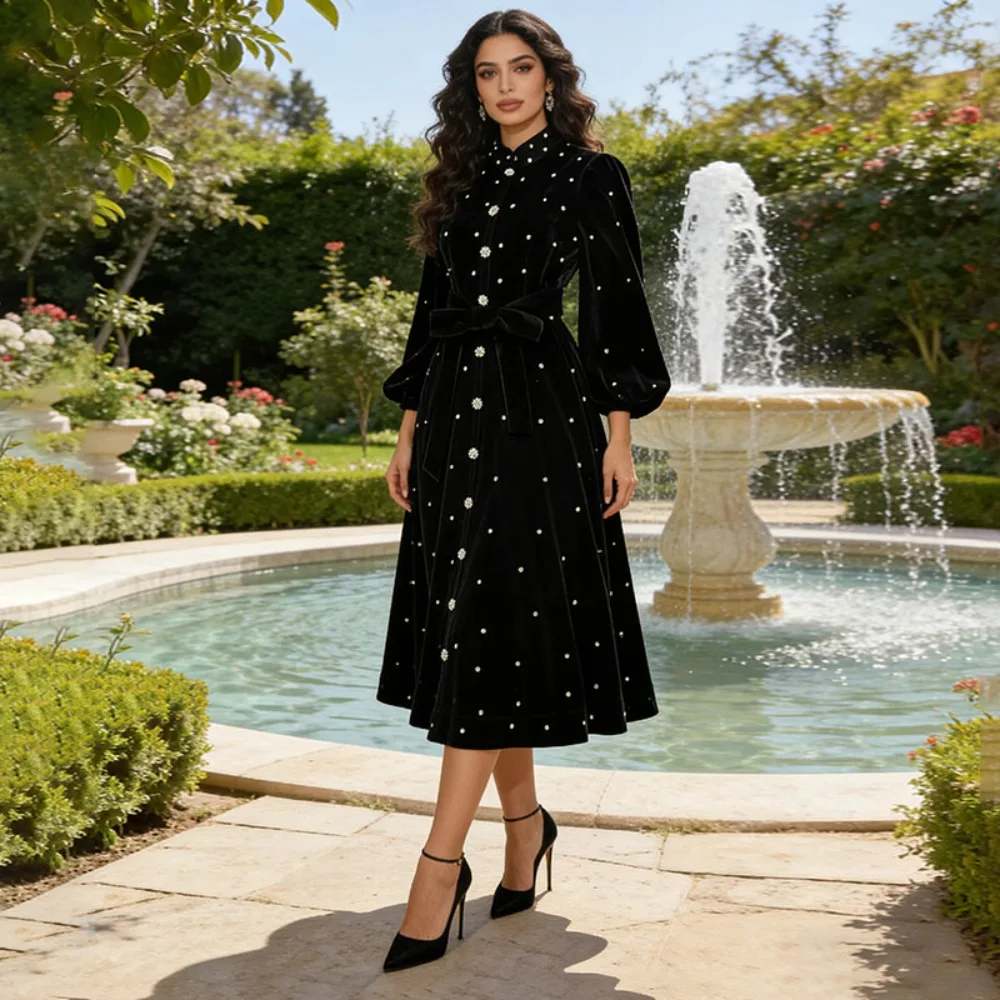 

European and American Style Elegant Velvet Dress Bubble Sleeve Single Button Drill Long A- Line Dress Hight Waist Evening Dress
