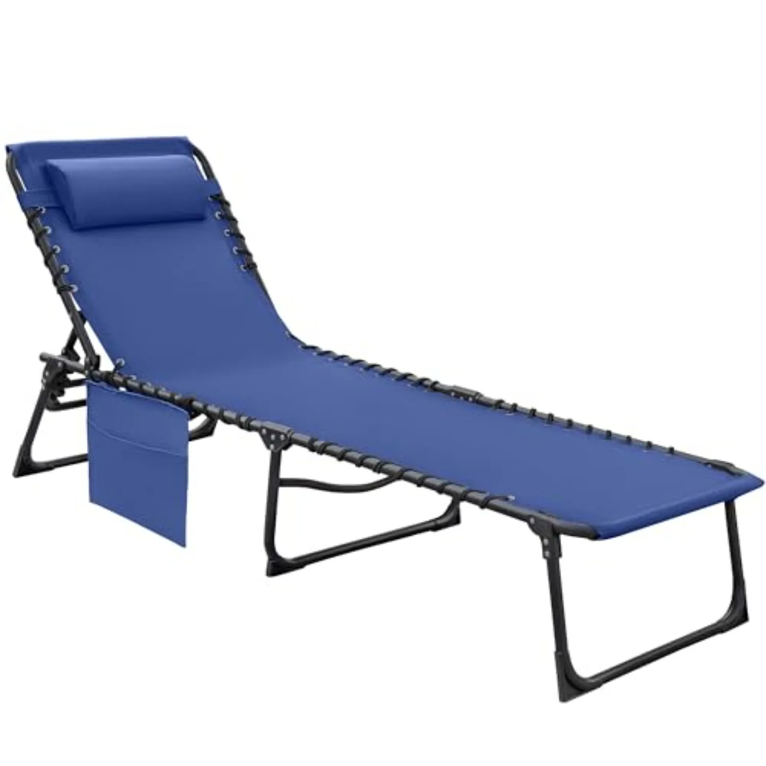 Foldable Chaise Lounge Chair 5-Position Adjustable, Tanning Chair with Side Pocket, Outdoor Sunbathing for Pool, Beach