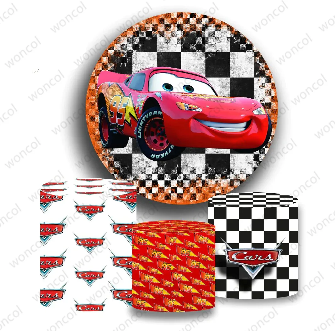 Mcqueen Birthday Round Backdrop Boy Birthday Baby Shower Round Backdrop Disney Cars Racing Car Round Cylinder Cover Decor Prop