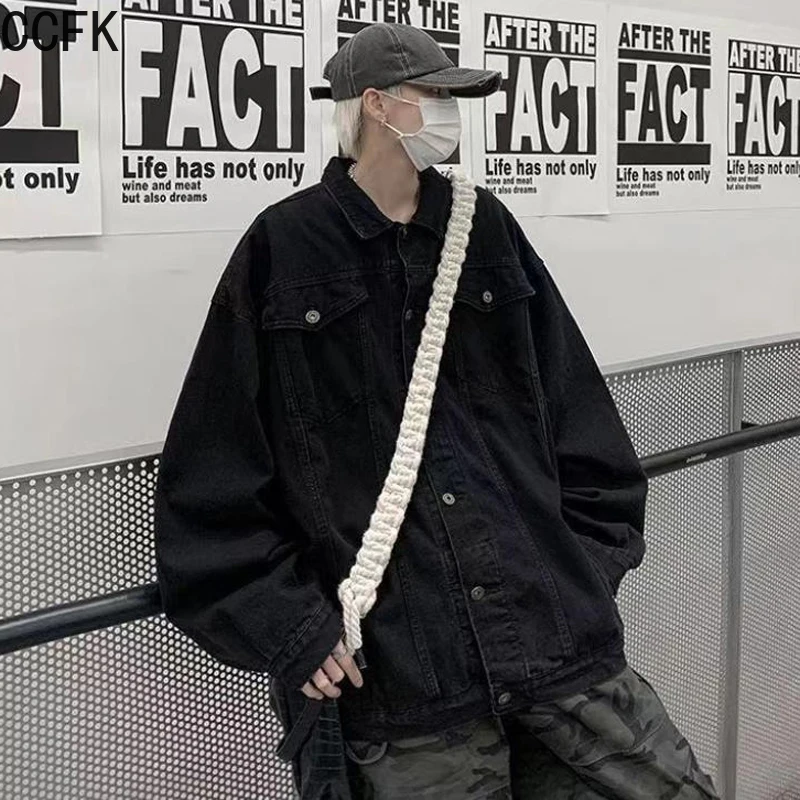 Hiphop cruz denim jaqueta feminina primavera outono lavado retro workwear jaqueta y2k casaco preto vintage casual topo goth bolso