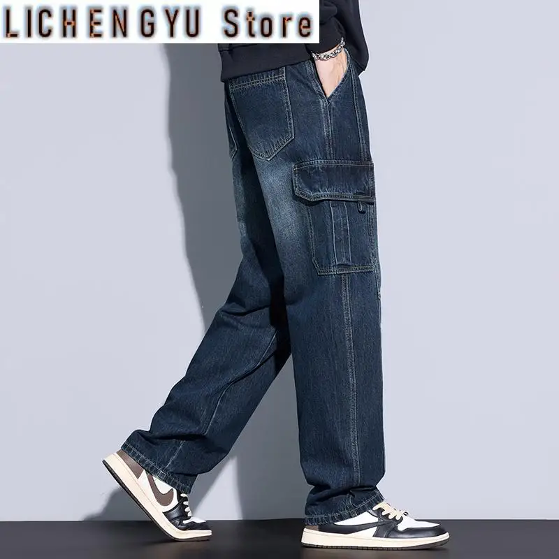 Men's 97% Cotton Straight Cargo Jeans Trendy Multi-pocket Nostalgic Loose Trousers Man American Vintage Fashion Denim Pants