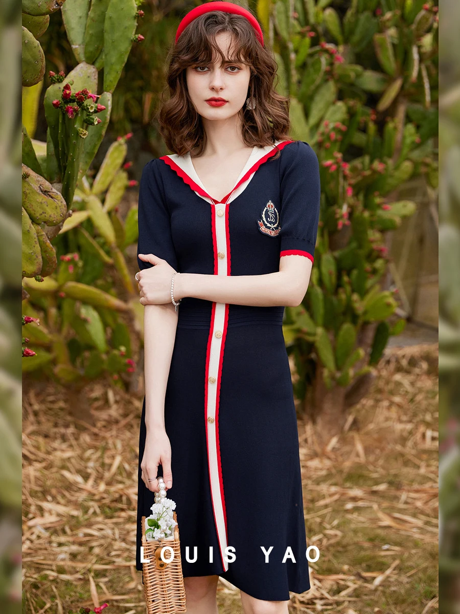

LOUIS YAO Women Dress Contrast Color Sailor Collar Dress 2024 Summer New Slim Fit Short Sleeve Long Dress