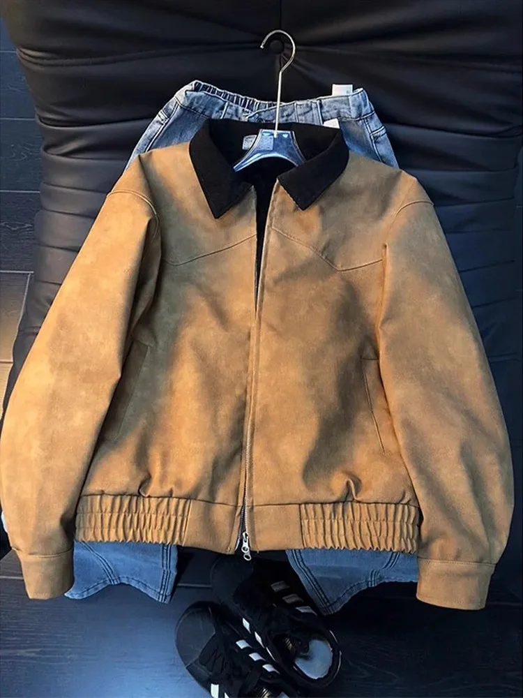 

Barn Brown PU Leather Flight Jaet Cotton Men's Winter Fce Lined Thiened American Lamb Velvet Cotton Coat Outerwear