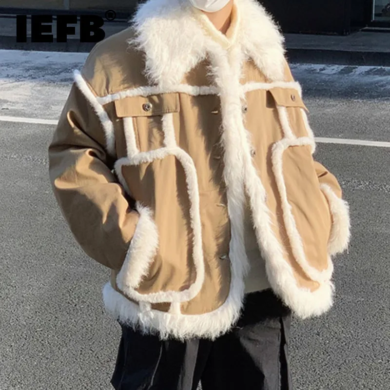 

IEFB Autumn Men's Cotton Coat Plush Contrast Color Thickened Winter Top Single Breasted Male Padded Jacket 2024 Chic 9C3607