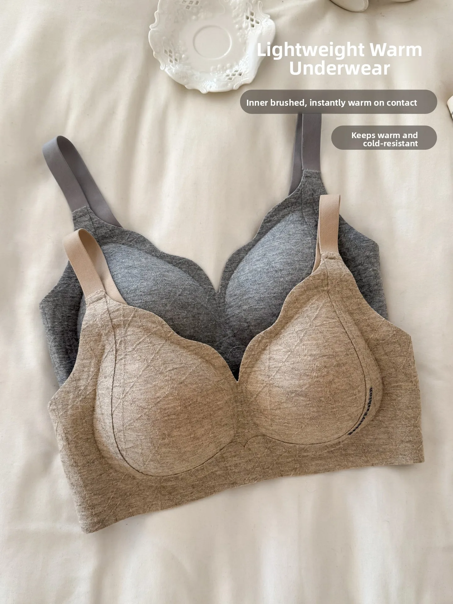 

Autumn Winter Fleece Lined Seamless Women's Bra Small Chest Gathered No Trace Nylon Material Warmth Anti Sagging Underwear