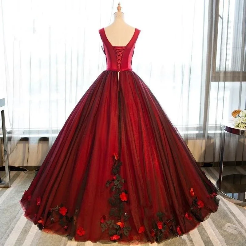 Customized Red Ball Gown 15 Year Old Quinceanera Dresses With Black Tulle 3D Flower Brithday Prom Party Lace Up Women Gowns