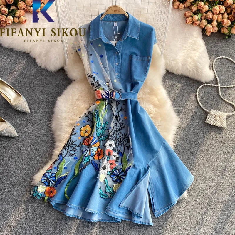 

Blue Denim Dress Women Mesh Spliced Fashion Embroidery High Waist Jeans Dress Female Lapel Sleeveless Loose Casual Summer Dress