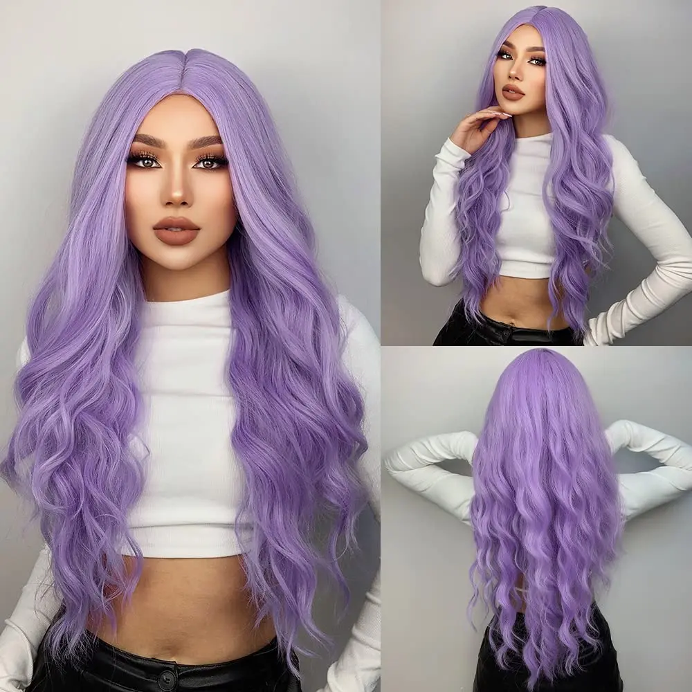 Perucas sintéticas para mulheres e meninas, cabelos longos encaracolados, peruca de uso diário, roxo, onda corporal, cosplay, festa de halloween, meninas, 26"