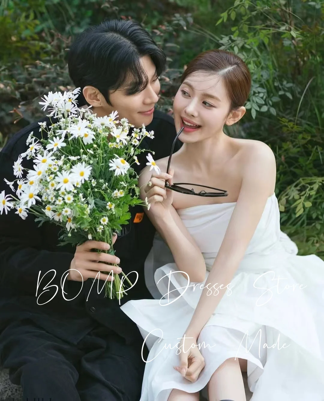 BOMP 심플 플리츠 웨딩 드레스 스트랩리스 보우 드레이프 하이로 태피터 한국 사진 촬영 신부 리셉션 가운 맞춤형 우아한