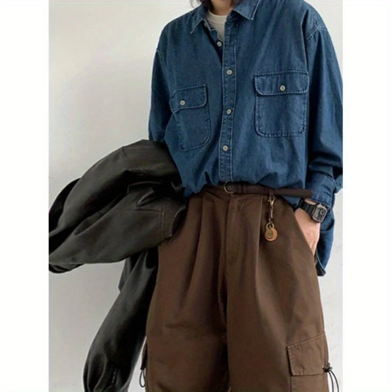 2024 Spring Casual Men Set Retro Simplicity Pocket Denim Shirt+big Pocket Street Hip-hop Cargo Pants 2-pcs Japanese Fashion Suit