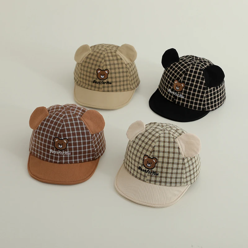 Autumn Baby Baseball Caps Plaid Cartoon Bear Pattern Kids Boys Girls Outdoor Sun Hats Spring Cotton Children Hat