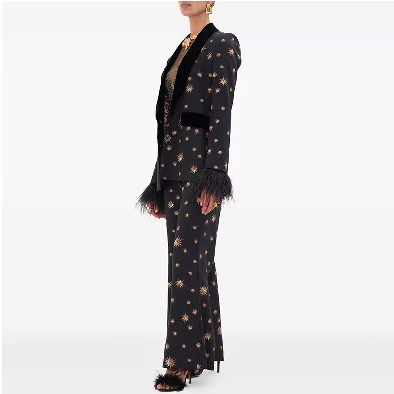 QMQA Fashion Women's Embroidery Velvet Patchwork 2 Piece Set Spliced Long Sleeve Feather Blazer Wide Leg Pants Elegant Sets M939