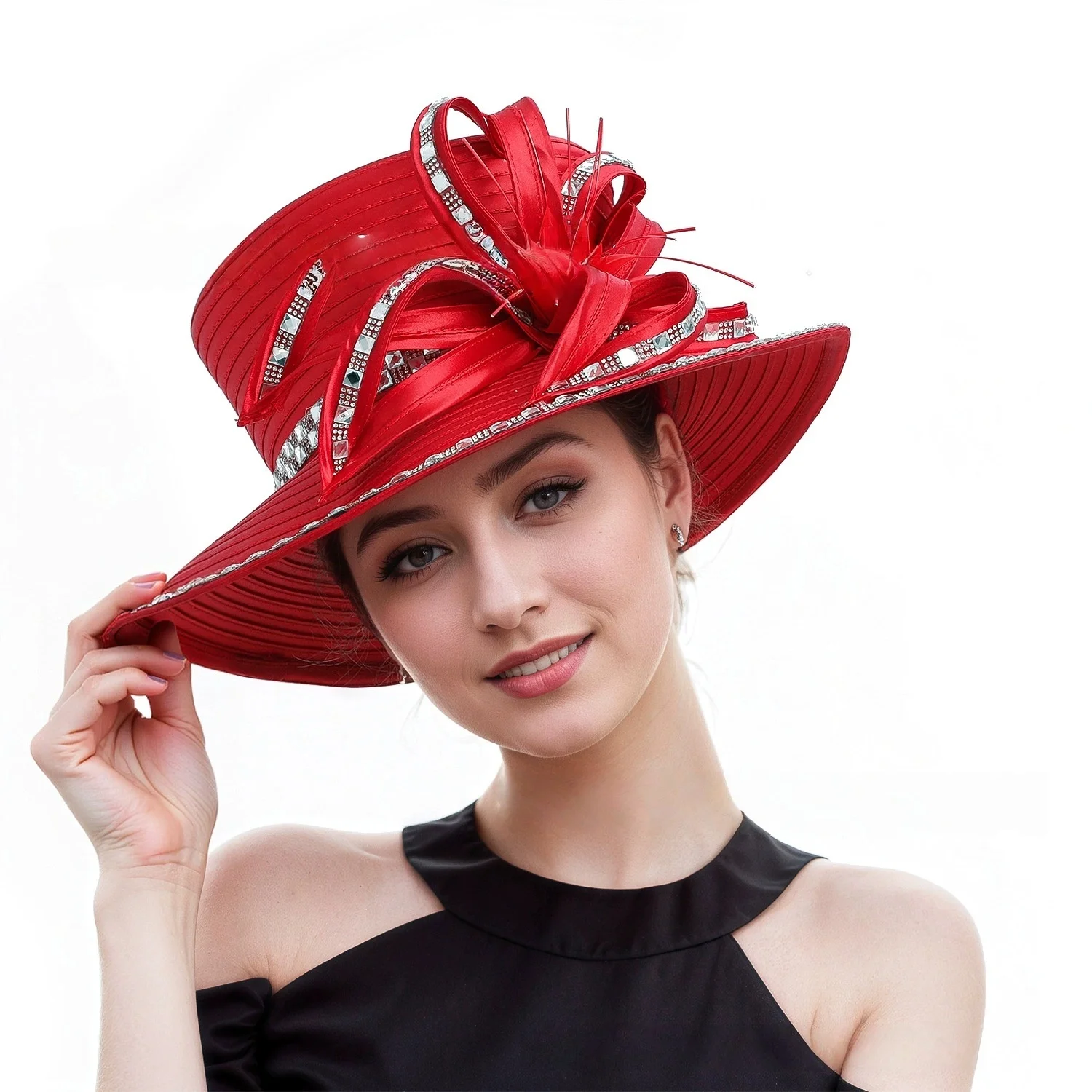 

French-style Ladies' Summer Sun Hat with Ribbon, Rhinestones and Feathers – Perfect for Parties